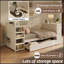 Lit de jour simple en bois blanc avec tablettes latérales, tiroirs et bureau multifonctionnel, idéal pour économiser de l'espace et vivre.