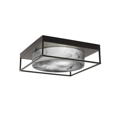 16" Flush Mount, 3-Bulbs, Shown In Matte Black Finish With Onyx Swirl Glass
