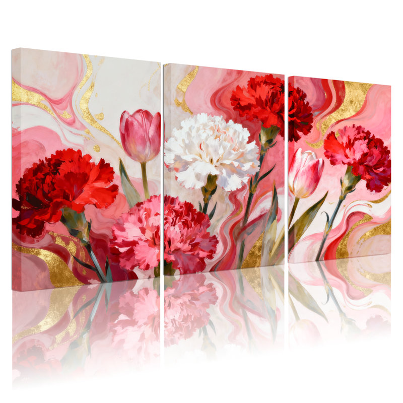 Plantes et fleurs, art floral avec œillets rouges et roses, ensemble de 3 impressions sur toile, H 18 po x l 36 po