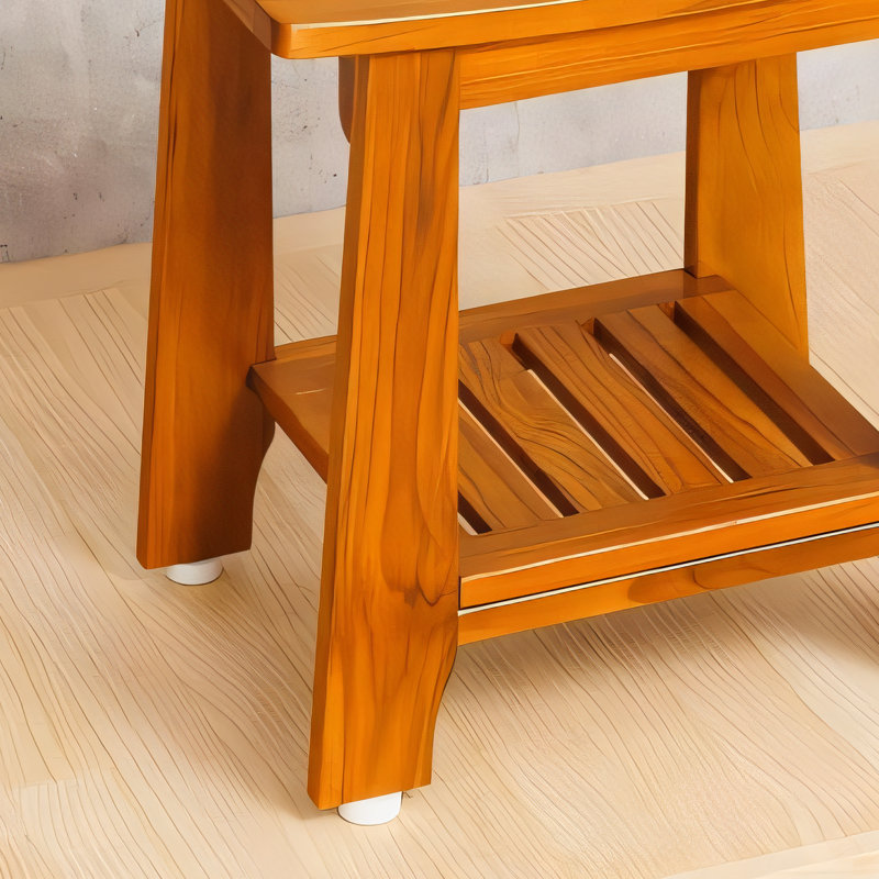 14.1-Inch Compact Teak Shower Stool With Shelf And Armrests. Waterproof And Non-Slip. Suitable For Small Bathrooms And Outdoor Use. Weight Capacity: 300 Lbs.
