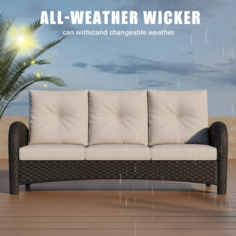184.9cm Wide Metal Patio Sofa with Cushions, Beige, Black