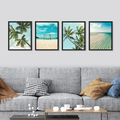 " Topical Teal Sky Palm Tree Beach Ocean Seaside " 4 - Pieces