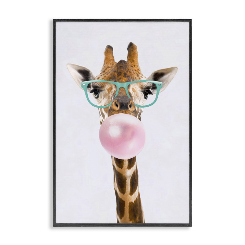 Bubblegum Hipster Giraffe Giclee Art by Reinders, 24" H x 16" W, Midnight Black Framed Giclee
