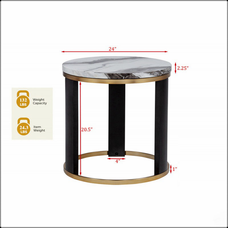 Table d'appoint ronde en faux marbre avec base en métal pour canapé décoratif et décoration