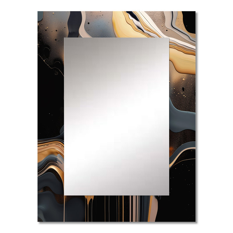 Or et marbre noir Mirage II - miroir mural décoratif en marbre, miroir doré, impression d'art en métal, 32 po x 24 po