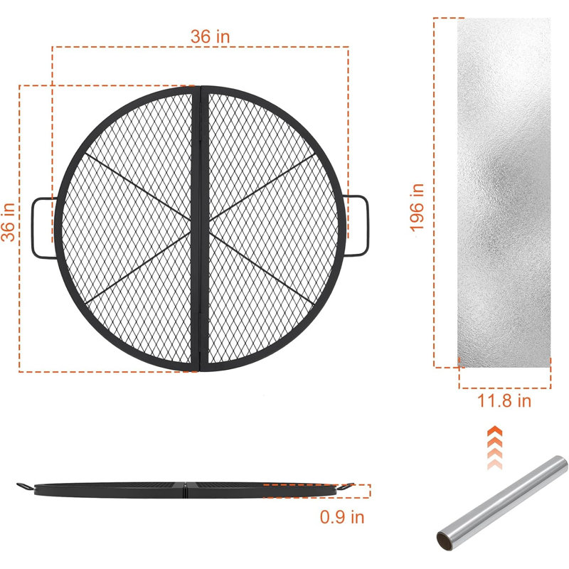 Grille de barbecue, grille de foyer avec poignées, H 0,9 po x l 36 po x P 36 po