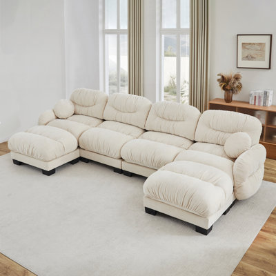 Pleated Design U-Shape Modular Sofa with Chenille Fabric, 2 Ottomans, and 4-Seater Ergonomic Foam