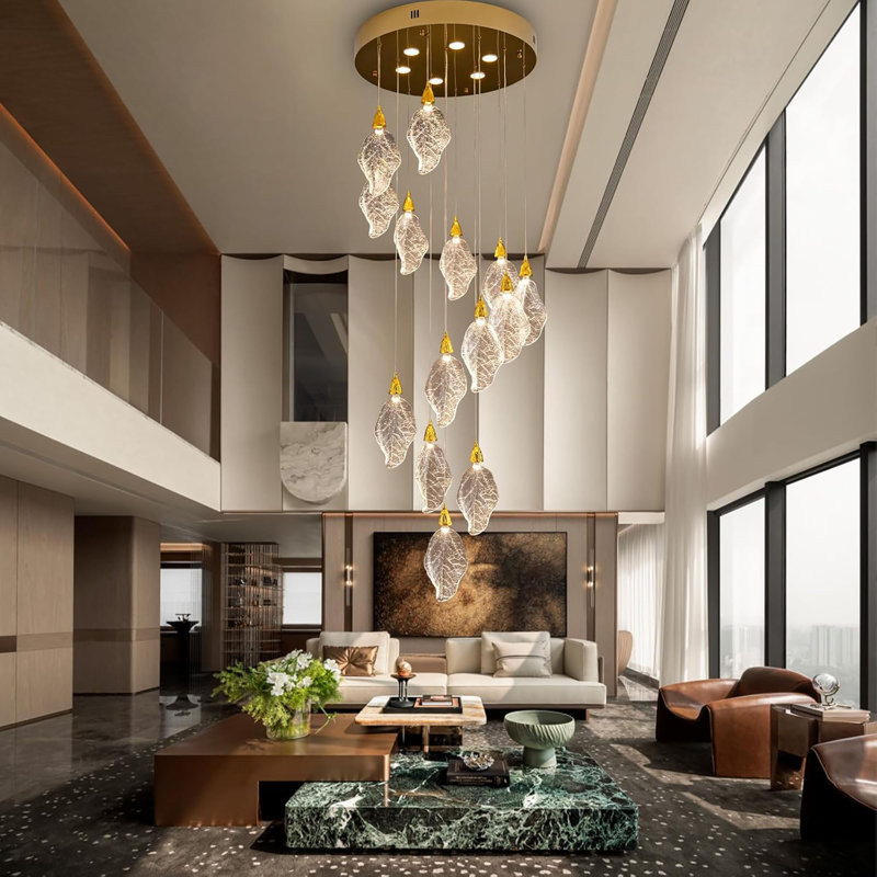 Led Platinum Leaf High Ceiling Chandelier, Gold