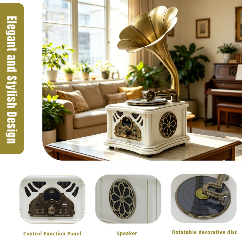 Mini haut-parleur Bluetooth blanc en bois avec radio rétro, son stéréo, sans fil Bluetooth, entrée AUX, lecture USB et prise casque 3,5 mm