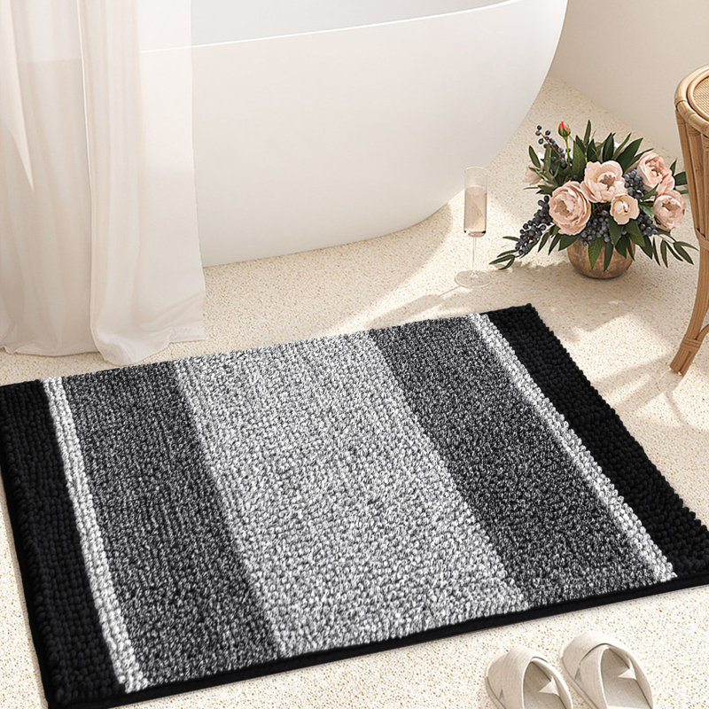 Mersin Gradient Chenille Water Absorbent Soft Plush Bath Rug, Black, 16" W x 24" L