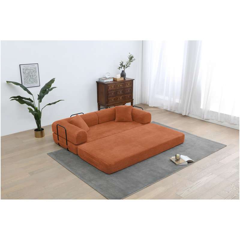 Canapé-lit convertible avec oreiller cylindrique - Canapé-lit pliant en velours côtelé avec cadre de forme fixe pour le salon, la chambre à coucher, le salon, le studio - ORANGE