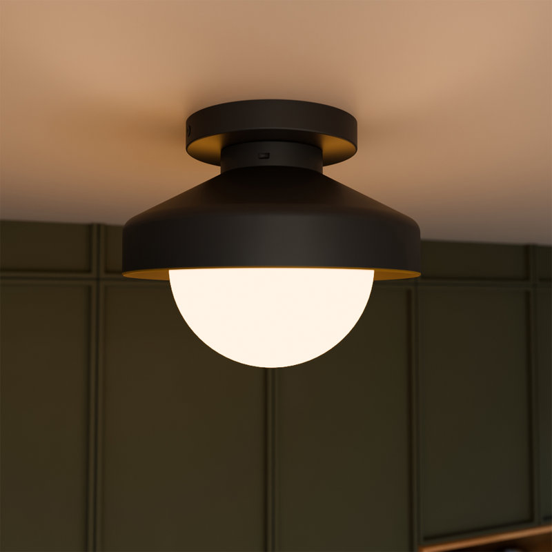 1-Light Matte Black Flush Mount Ceiling Light with Frosted Glass Shade and Bronze Trim