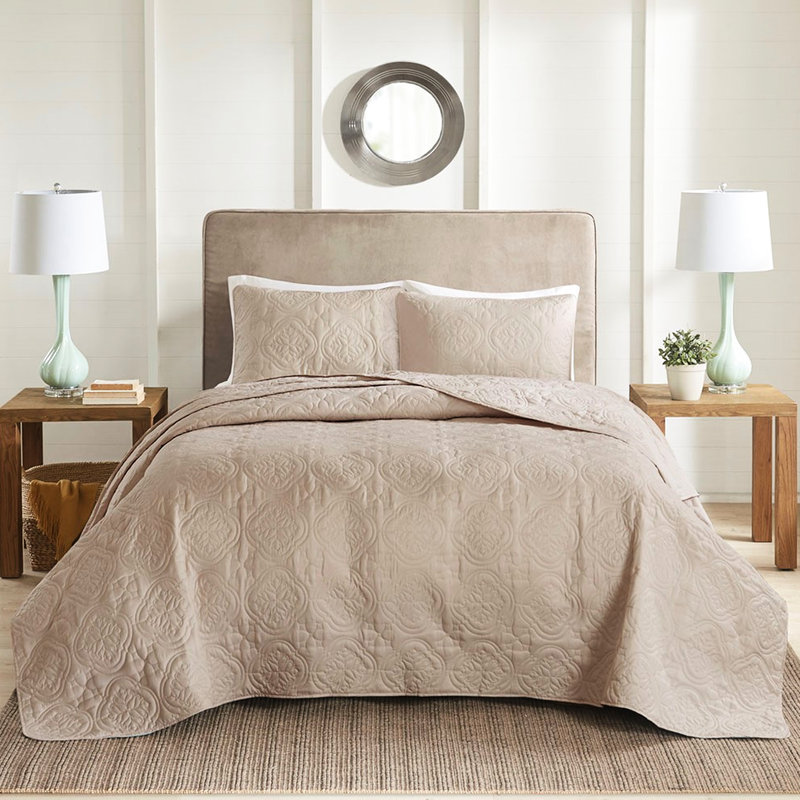 Couvre-lit kaki grand, tissage délicat soyeux et lisse, Couvre-lit de grande taille + 2 taies décoratives, Kaki