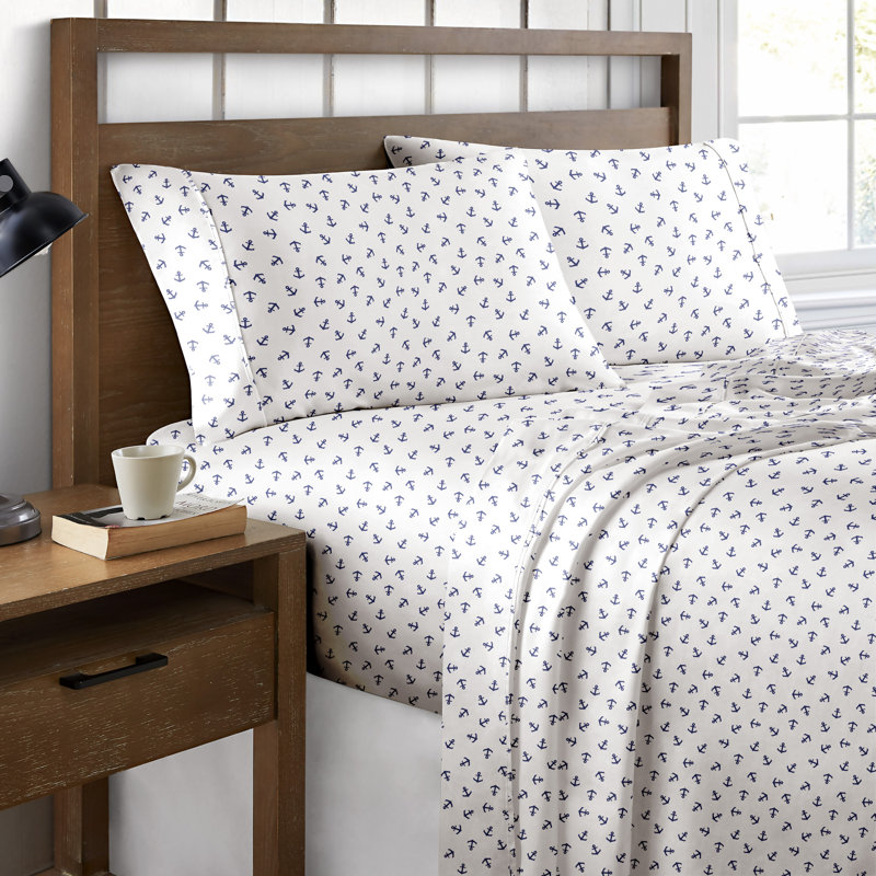 Full Size Blue Cotton Percale Sheet Set with Floral Print