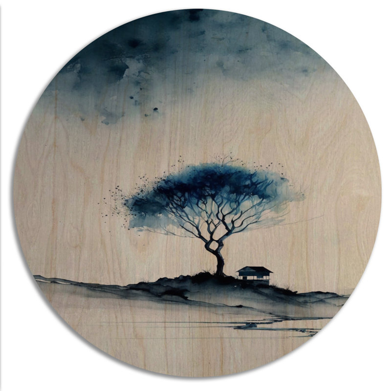 «Blue Watercolor Tree In The Countryside I - Landscape Forest», reproduction de bois bleue, H 29 po x l 29 po x P 1 po