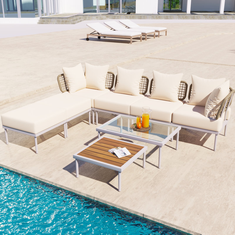 Oasis extérieure: ensemble de canapés modulaires 8 pièces avec tables basses en verre trempé et bois (beige / blanc)