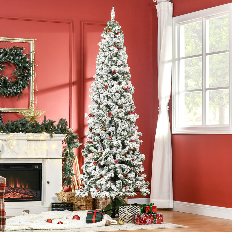 13,4 po Compilation large de Noël en flocage, 600 branches, pin, baies rouges, arbre artificiel ouvert à fonction automatique, hauteur de 88,37 po, flocage, baies