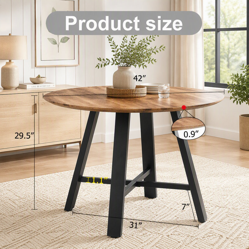 Table de salle à manger ronde de 42 po avec plateau en bois aggloméré texturé et pieds noirs