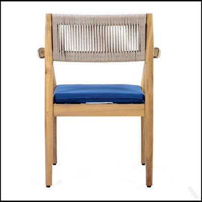Ensemble de 6 chaises de salle à manger en bois d'acacia tressé d'aspect teck avec corde beige et coussins bleu marine, meubles de patio toutes saisons pour le jardin, la piscine et la cour (durables et élégants)