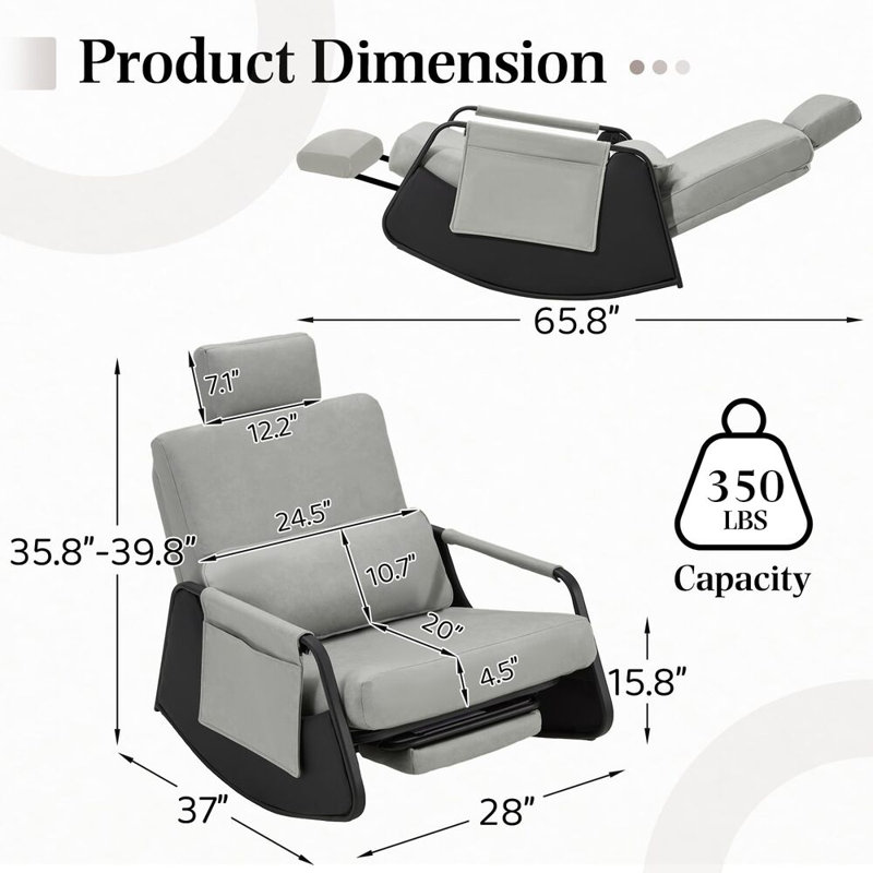 Rocking Chair With Retractable Footrest And Adjustable Backrest, Grey 