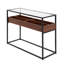 Console contemporaine avec plateau en verre trempé, compartiments en bois de noyer et structure en métal noir