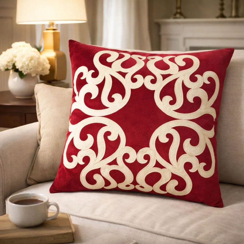 Housse de coussin décoratif carré en velours rouge Dery 20 x 20 Dery, Rouge / Blanc