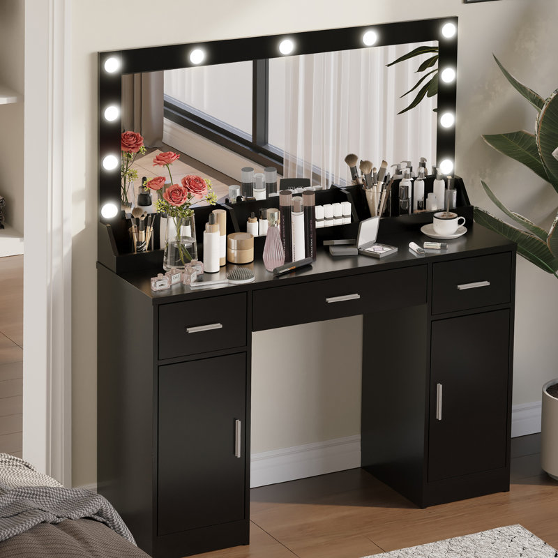 47.2"Vanity Desk With Large Mirror, 3 Colour Lighting Modes, Adjustable Brightness, Dresser With 3 Drawers & 2 Vertical Cabinets, Makeup Vanity Table For Women &  Girls (Black)