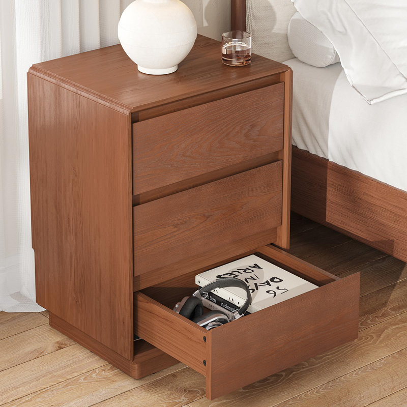 Table de chevet en bois avec trois tiroirs, table de chevet avec rangement de style moderne Mid-Century, table de chevet pour chambre / bureau, brun
