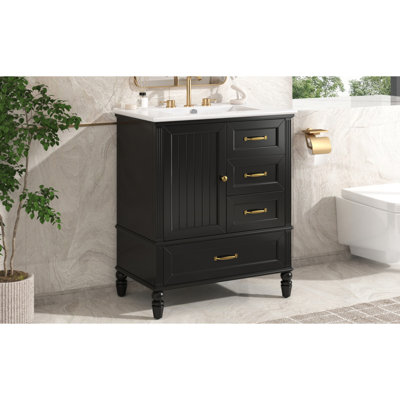 [Vidéo] Meuble-lavabo de 30 po avec lavabo, armoire de salle de bain avec porte, trois tiroirs, pieds en bois massif et panneau de fibres à densité moyenne, patins réglables, noir (même SKU: N759P207656B)