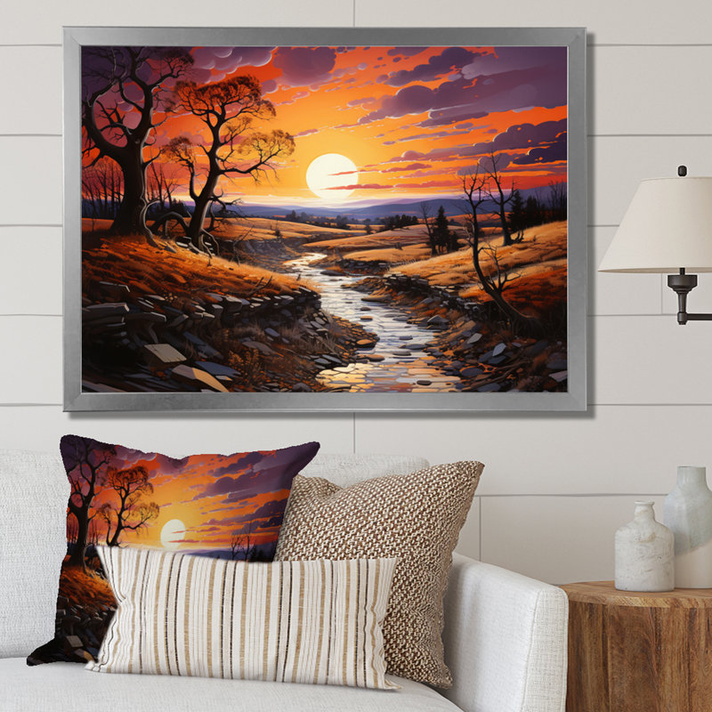 Coucher de soleil peint ciel pastoral, H 16 po x l 32 po x P 1 po, Cadre photo argenté