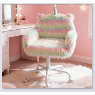 Chaise de bureau Rainbow Fuzzy Unicorn, chaise de bureau moelleuse avec base pivotante, fantaisiste et confortable pour salle de jeux et bureau