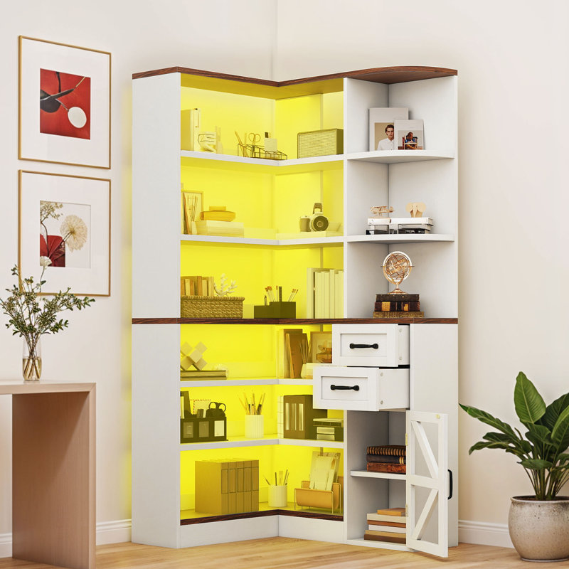  L-Shaped Corner Bookshelf With LED Lights & Drawers