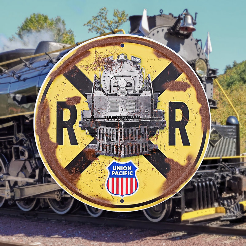 Signe de train à vapeur Union Pacific Railroad Crossing Rustic