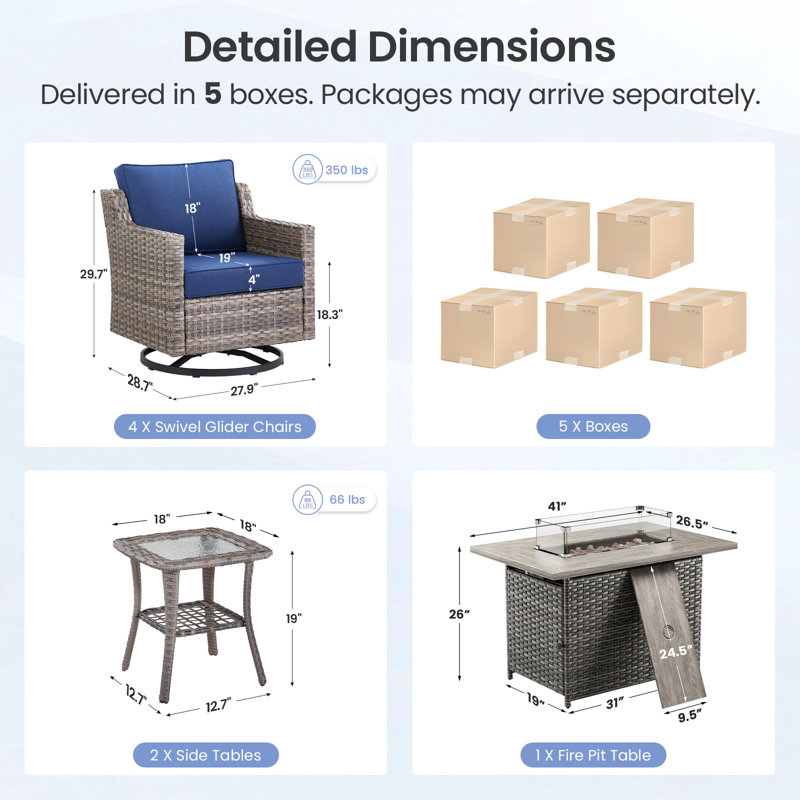 Ensemble de conversation d'extérieur 4 personnes avec foyer d'extérieur rectangulaire Maelie, ensemble de conversation pour patio avec fauteuils pivotants et tables d'appoint