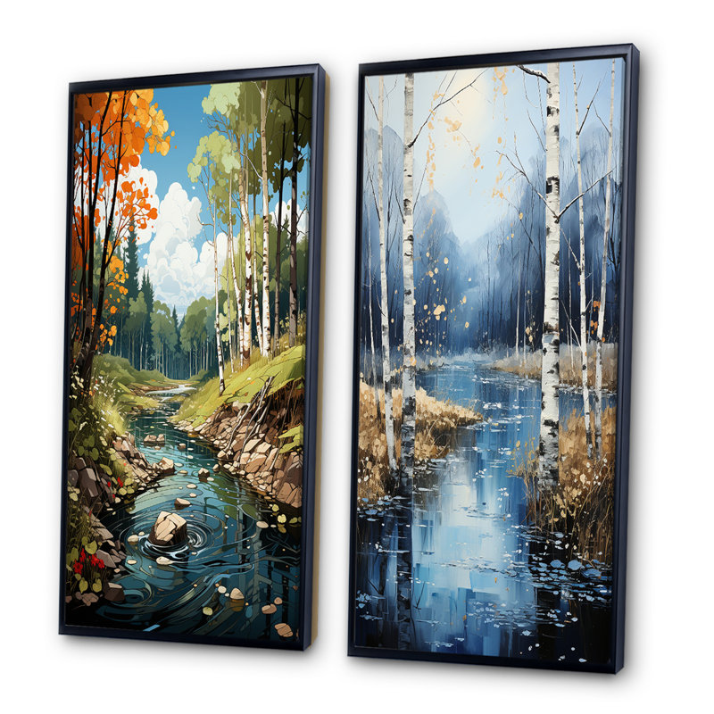 «Birch Woods Serenity Falls», 2 pièces sur toile, Cadre noir, H 20 po x l 24 po