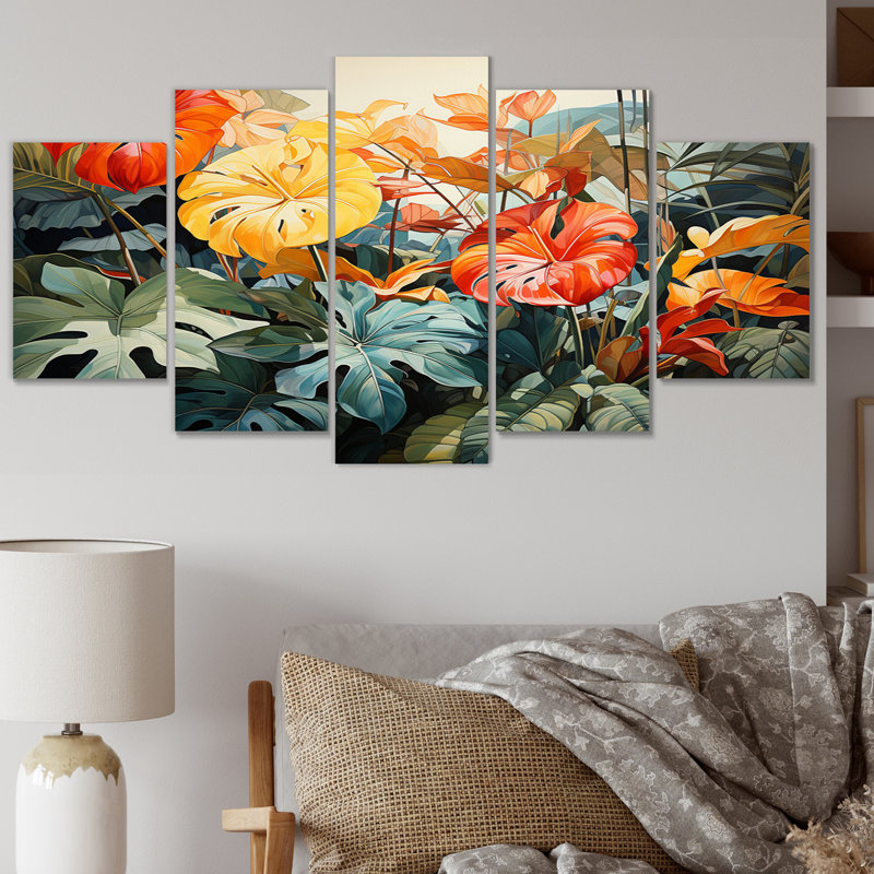 Ensemble de décoration murale tropicale orange et vert feuillage I - Tropical