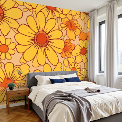 Peel and Stick Wallpaper 96" W x 69" H Modern Self Adhesive Wall Mural for Bedroom 70 s inspired floral This included browns yellows represented bold way