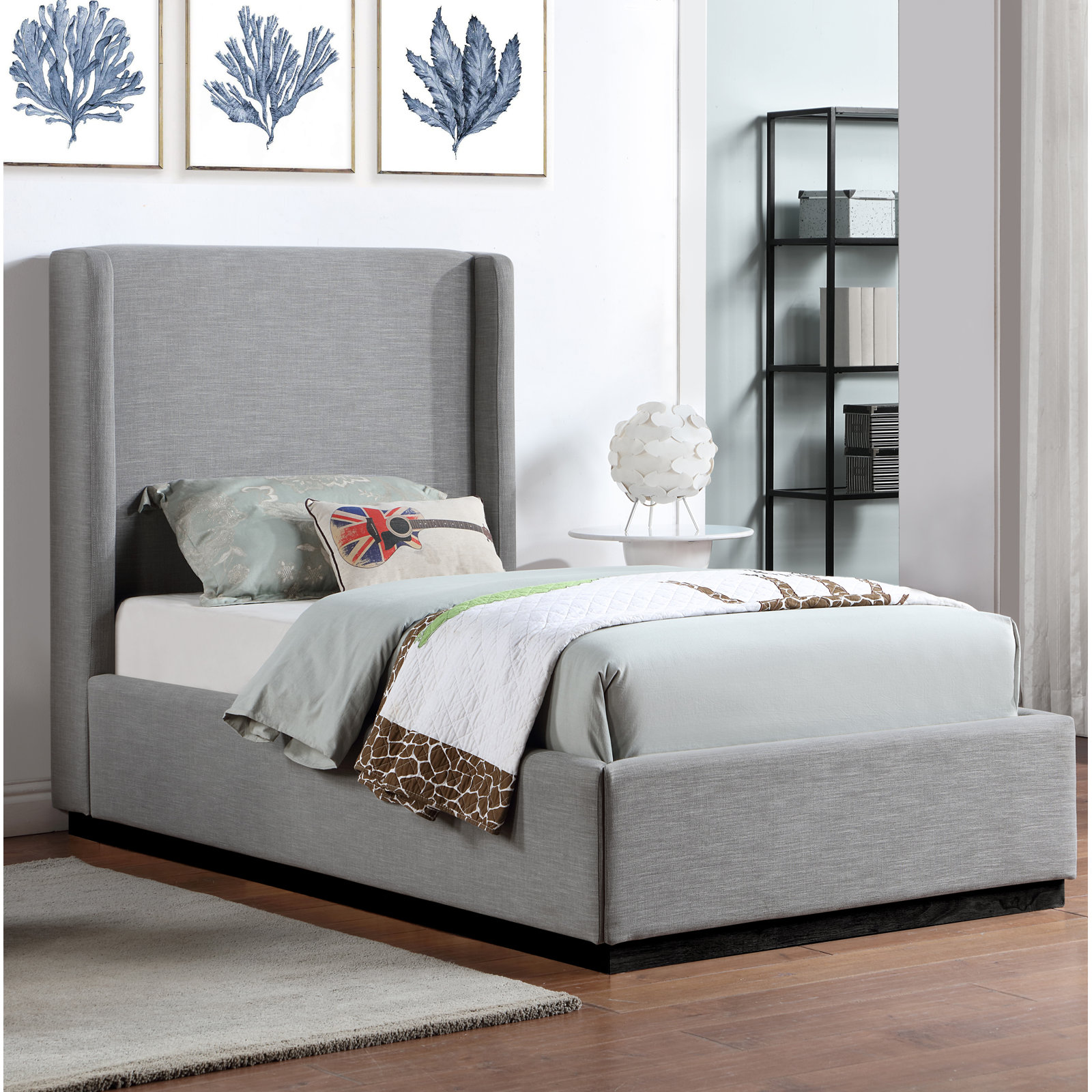 Upholstered Panel Bed, Twin, Grey Linen Textured Fabric