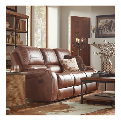 Achern Brown Leather-Air Nailhead Manual Reclining Sofa with Storage Console and USB Port