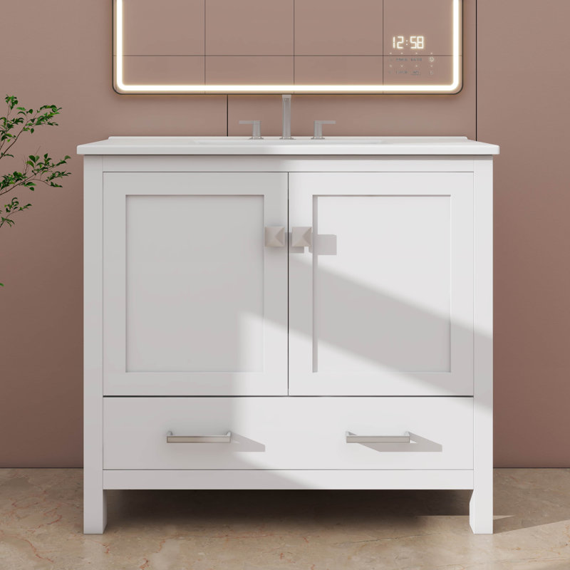 Meuble-lavabo 36 po avec lavabo en céramique, portes à fermeture silencieuse, tablettes de rangement doubles et tiroir segmenté