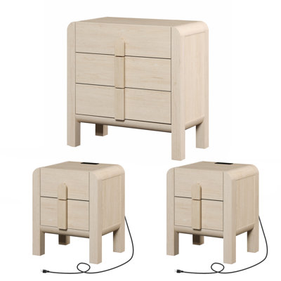 Ensemble de chambre à coucher, commode et table de chevet 3 pièces Mid-Century pour chambre à coucher, ensemble de table de chevet 2, commode 3 tiroirs