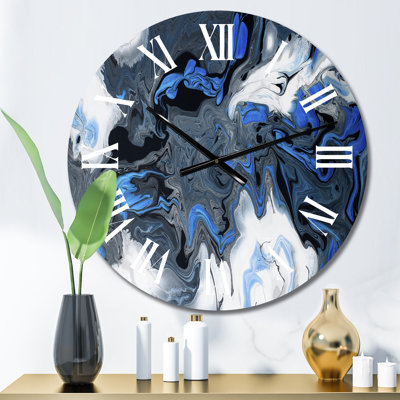 Blue Liquid Art Waves on White and Black - Modern Wall Clock