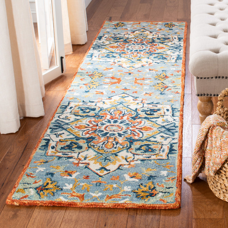 Vahakn Hand Tufted Wool/Cotton Southwestern Rug in Blue/Rust, Runner 2'3" x 7'
