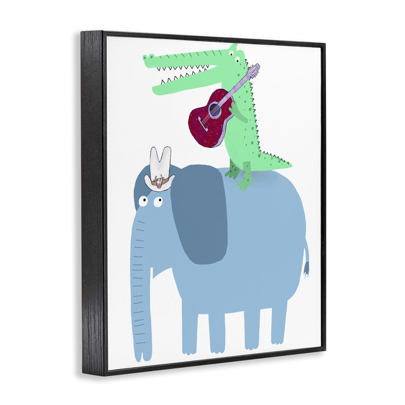 Éléphant et alligator avec guitare acoustique, estampe numérique, conception de Carla Daly, Giclée encadrée noir minuit