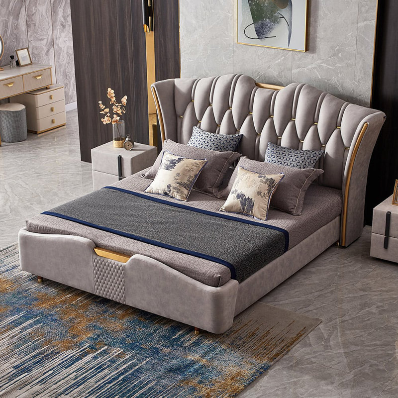 Upholstered Bed Frame With Tufted Wingback Headboard, Gray