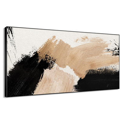 Modern Minimalist Black Beige Brushstroke Living Room Large Framed Wall Art Print Home Decor (Frame Assembly Required)