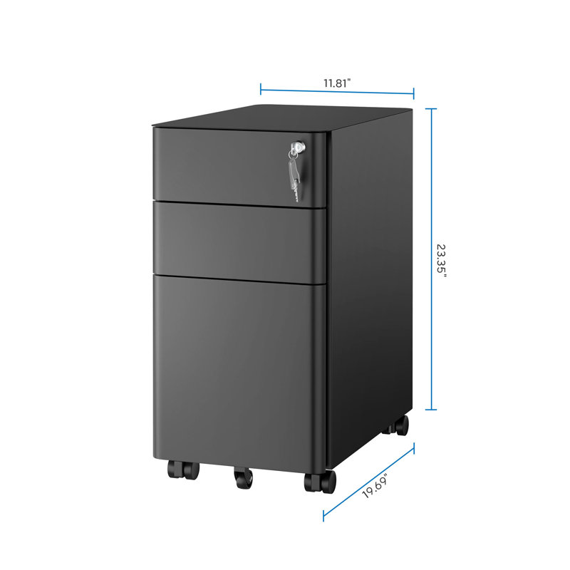 Classeur mobile à 3 tiroirs avec serrure, rangement mince sous le bureau Mount-It, noir