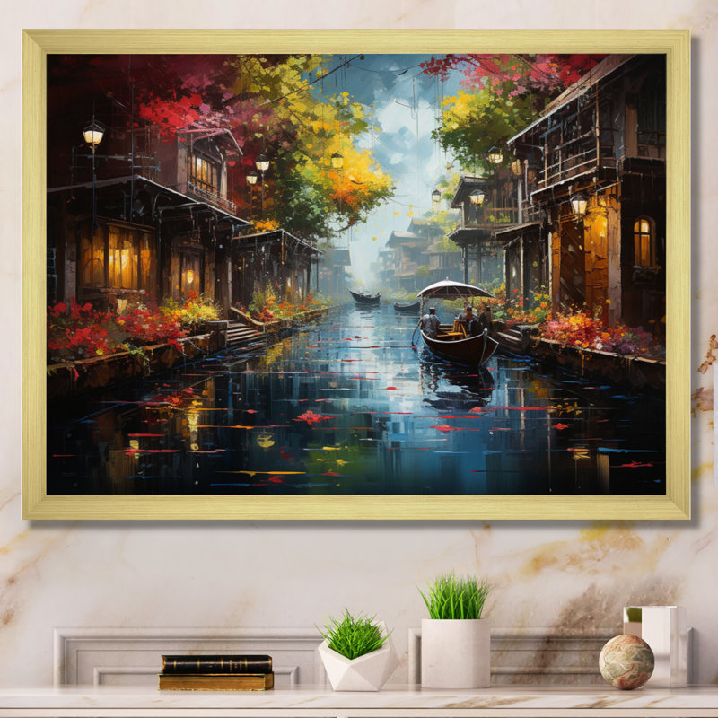 Thailande, délices du marché flottant I, Encadrement doré, H 30 po x l 40 po x P 1,5 po