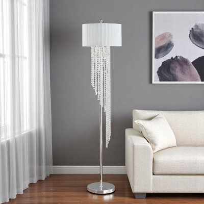 Lampe sur pied 66 po en métal et cristal transparent et argent avec abat-jour tambour en lin blanc