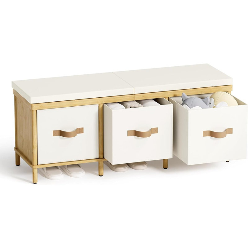 Banc de rangement en bambou avec assise rembourrée, 3 tiroirs, organisateur d'entrée pour chambre, garde-robe et couloir